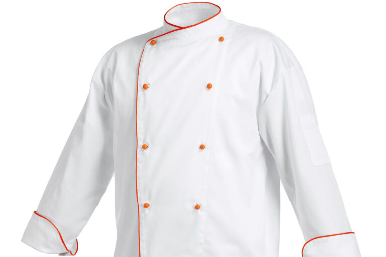 White,Chef,Cook's,Jacket,With,Orange,Edges,,Isolated,Over,White