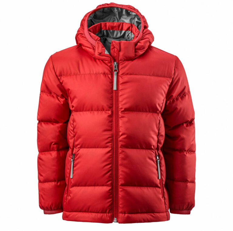Kids',Red,Hooded,Warm,Sport,Puffer,Jacket,Isolated,Over,White
